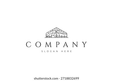 logotipo do celeiro da fazenda com fundo da vista da montanha em estilo de design de arte em linha