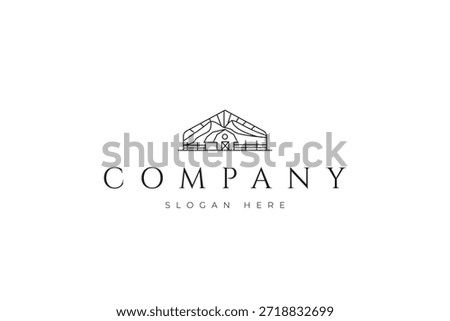 farm barn logo with mountain view background in line art design style