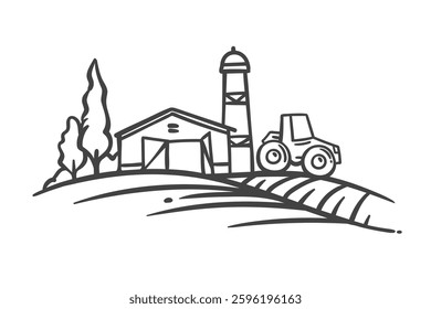 Farm barn with open gate, water tower and tractor on field line icon. Outline hand drawn sketch of farm building and farmer equipment in farmyard. Farming mascot, rural scene icon vector illustration