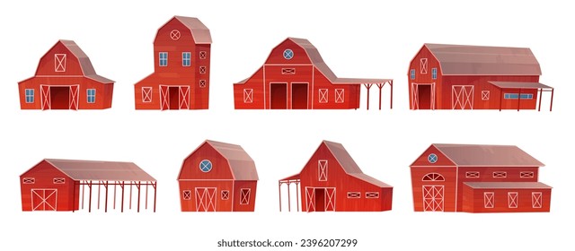 Farm barn set vector illustration. Cartoon isolated front view of rural red wooden houses of different types, ranch building with doors, gates and windows, agriculture warehouse and animal shelter