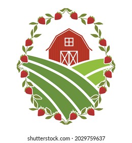 Farm Barn With Strawberries, Vector 