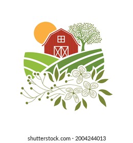 farm barn surrounded by white flowers 