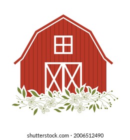 farm barn surrounded by white flowers 
