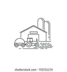 Farm barn and tractor line icon. Outline illustration of barn vector linear design isolated on white background. Farm logo template, element for farming design, line icon object.