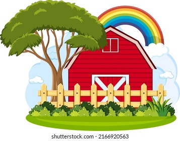 Farm barn with tree and rainbow illustration