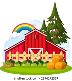 Farm barn with tree and rainbow illustration