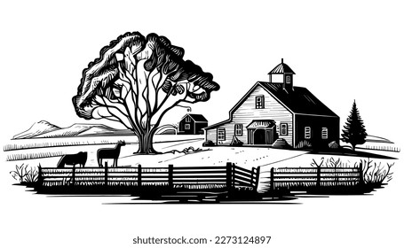 Farm with barn vector black line illustration art isolated white