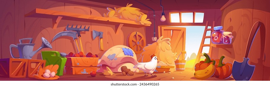 Farm barn view from inside with tools, crop and chicken. Cartoon vector illustration of ranch shed indoor with wooden walls, haystack and sack, gardening tools and hen eggs in chest, vegetable harvest