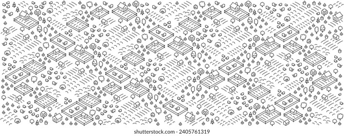 Farm barn village isometry landscape map. Editable outline. Vector line illustration sketch.