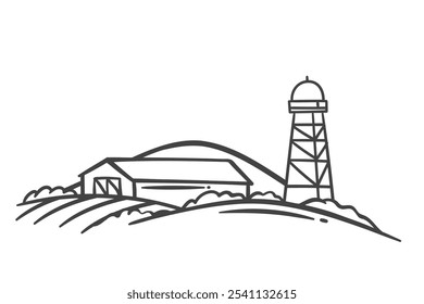 Farm barn and water tower on hills of countryside landscape line icon. Outline hand drawn tank in farmyard for irrigation and storage. Agriculture mascot, farm buildings icon vector illustration