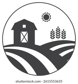 farm with barn and wheat on field emblem icon