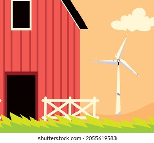farm barn and wind turbine on field