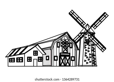 farm barn and windmill black and white