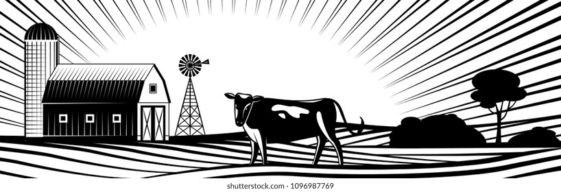 Farm barn with windmill and cow on countryside landscape with hills and fields monochrome silhouette - farmland with rural animal on rows of agricultural plants in vector illustration.