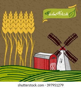 Farm, barn, and windmill field with wheat
