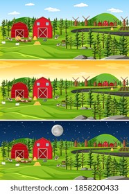 Farm with barn and windmill in nature landscape at different times of day illustration