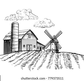 Farm barn and windmill on agricultural field on rural landscape hand drawn sketch style horizontal illustration. Black and white rural landscape vector illustration