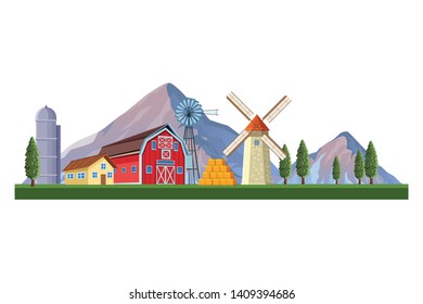 farm barn and windmill wind turbine icon cartoon vector illustration graphic design