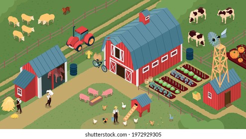 Farm Barnyard Isometric Composition With Chicken Laying House Pigs Farmland Livestock Growing Vegetables Windmill Tractor Farmer Vector Illustration 