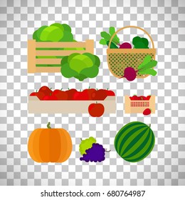 Farm baskets with vegetables and fruits isolated on transparent background. Vector illustration