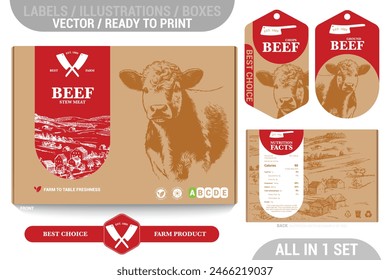 Farm Beef meat packaging design set featuring detailed hand drawn illustrations, accents and informative labels. Perfect for farms, butchers, and supermarkets seeking a high-quality meat 