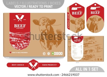 Farm Beef meat packaging design set featuring detailed hand drawn illustrations, accents and informative labels. Perfect for farms, butchers, and supermarkets seeking a high-quality meat 