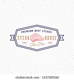 Farm Beef Steak House Vintage Typography Label, Emblem or Logo Template. Premium Quality Rustic Meat Sign. Hand Drawn Steak Sketch Frame Badge. Shabby Textures. Isolated.