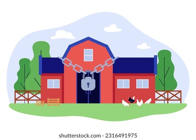 Farm with big lock vector illustration. Livestock farms located near nature reserves closing because of nitrogen emissions. Farm closures, farming, ecology, saving nature concept