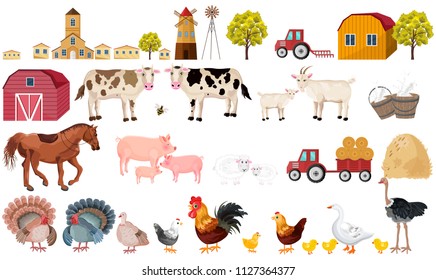 Farm big set collection Vector. Village, animals, tractors, tools illustration