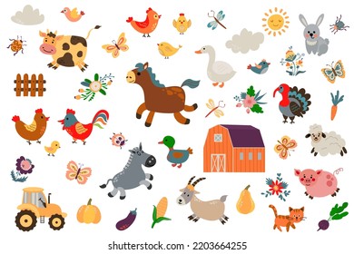 Farm big set. Drawn style. White background, isolate. Vector illustration.