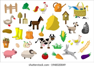Farm big set on white background. Pets and household items. Hay, cow, horse, pig, boots, shovel, pitchfork, grass, egg, basket, cat, dog, watering can, rooster, hare, chicken, wheat, vegetables
