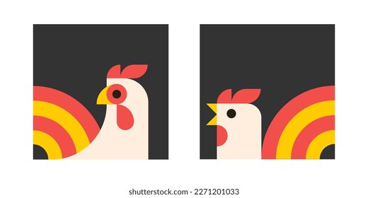 Farm bird. Contour geometric  illustration with rooster head. Vector print for poster, packaging  and banner.