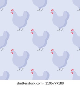 Farm bird vector flat seamless pattern, hen on the light blue background, vector illustration