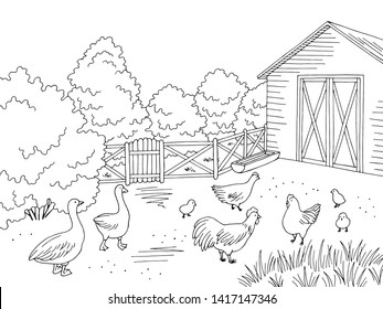 Farm bird yard graphic black white landscape sketch illustration vector