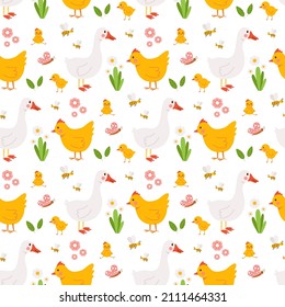 Farm birds - chicken and goose in cute seamless vector pattern. Funny spring illustration for kids textile or wrapping paper