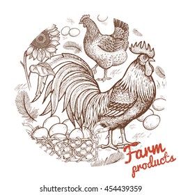 Farm birds - cock and hen, basket with eggs and flower sunflower in a circle. Vector illustration. Hand engraving of farm animals and objects agricultural theme. Vintage. Design for farm products.