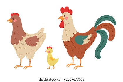 Farm birds. Cute rooster and hen, hand drawn domestic chicken. Easter decorative isolated decor. Family icons, organic eco agriculture food. Shop mascot vector cartoon flat style isolated illustration