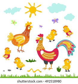 farm birds family cartoon flat illustration. rooster hen chicken isolated on white background art