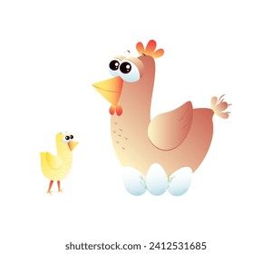 Familia de aves de granja. Pollo, polluelo aislado en fondo blanco. Ilustración del vector