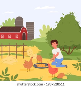 Farm birds feeding, village landscape, happy boy helping to feed chickens in barnyard