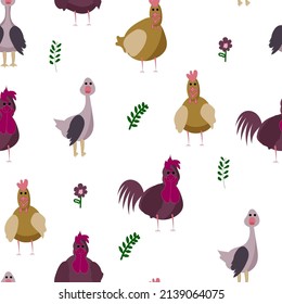 Farm birds hen, goose, chicken on seamless pattern for nursery, wallpaper, wrapping, textile