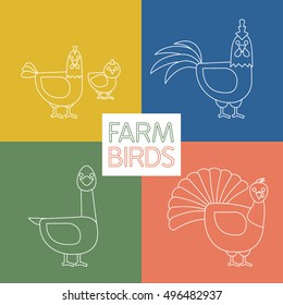 farm birds line style icons set