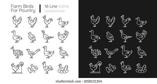 Farm birds for poultry linear icons set for dark and light mode. Domestic birds. Ducks and geese husbandry. Customizable thin line symbols. Isolated vector outline illustrations. Editable stroke