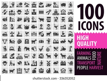 farm black icons set. gardening, horticulture or harvest, animals signs and symbols