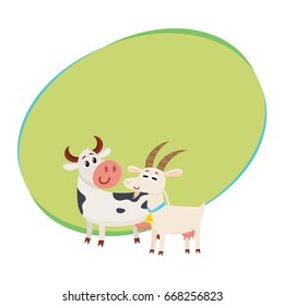 Farm black spotted cow looking at white smiling goat  cartoon vector illustration and space for text  Cute   funny farm goat   cow and friendly faces   big eyes