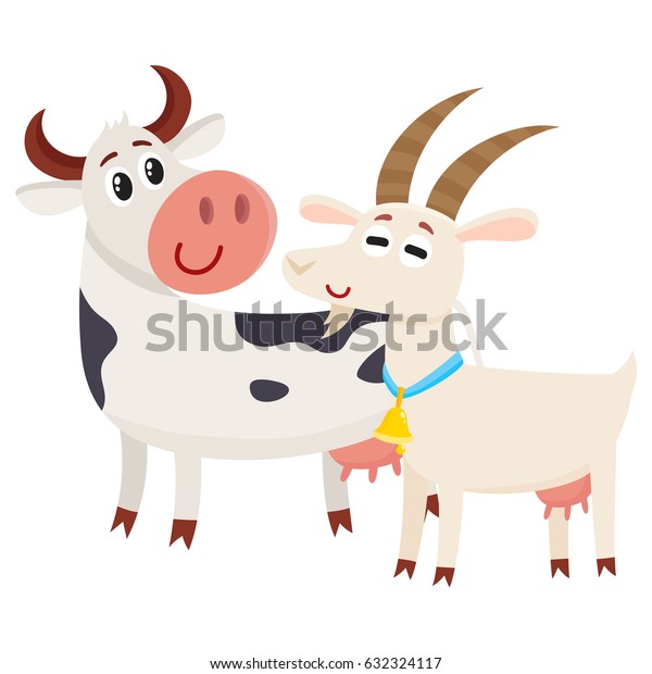 白い笑顔の山羊を見るファームブラックの斑点牛 白い背景にカートーンベクターイラスト 親しげな顔と大きな目をしたかわいくておかしな山羊と牛 のベクター画像素材 ロイヤリティフリー