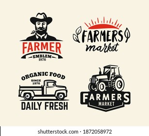 Farm black stickers with farmer and tractor