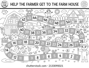 Farm black and white dice board game for children with village landscape. Countryside line boardgame with barn, garden.  Rural country coloring page. Help the farmer get to the farm house

