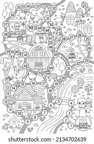 Farm Black And White Dice Board Game For Children With Village Map. Outline Countryside Landscape Boardgame.  Rural Country Coloring Page For Kids. Help The Farmer Bring Fruit To The Farm Market
