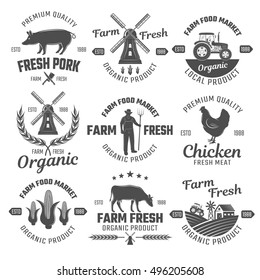 Farm black white emblems with animals and grains tractor and windmill plowed fields isolated vector illustration